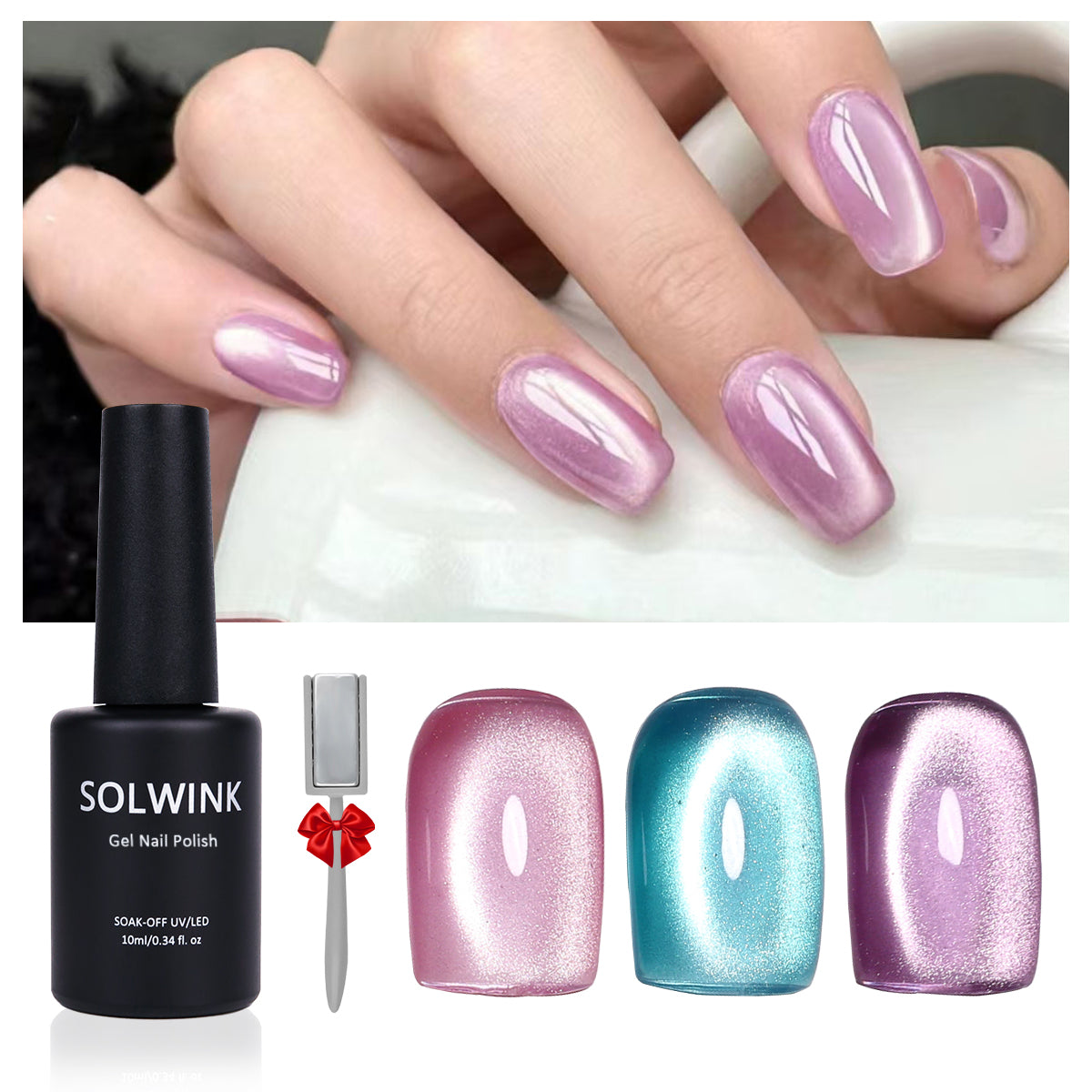 SOLWINK Baby Color Cat Eye Gel Nail Polish Set Water Light Soft Mist Effect Glitter Soak Off UV LED Magic Gel Safe for Natural Nails Extension Nail Tips Toes Magnet Newbie Tech Nail Art Get Compliments 10ML 3 Colors Pink Green Purple