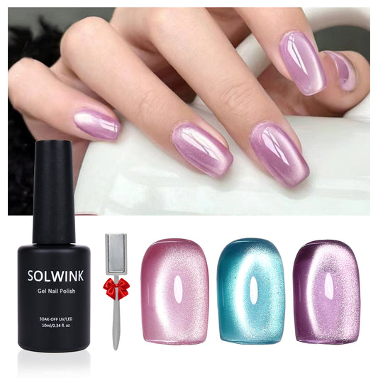 SOLWINK Baby Color Cat Eye Gel Nail Polish Set Water Light Soft Mist Effect Glitter Soak Off UV LED Magic Gel Safe for Natural Nails Extension Nail Tips Toes Magnet Newbie Tech Nail Art Get Compliments 10ML 3 Colors Pink Green Purple