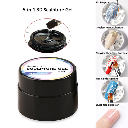SOLWINK 10ml 5-in-1 3D Sculpture Gel with 3D Sculpting Glueless Gem Adhesion No-Wipe High-Gloss Top Coat Nail Reinforcement Quick Nail Extension