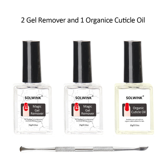 SOLWINK 2pcs 10ML Clear Magic Gel Remover with 1pc 10ml Organic Cuticle Oil Set Quickly & Easily Professional Gel Nail Polish Remover