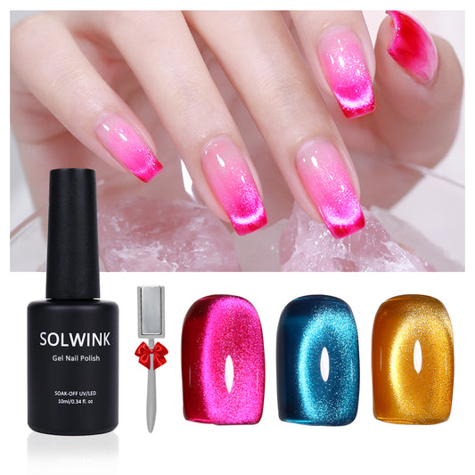 SOLWINK Water Light Soft Mist Effect Gem Color Cat Eye Gel Nail Polish Set Glitter Soak Off UV LED Magic Gel Safe for Natural Nails Extension Nail Tips Toes Magnet Newbie Tech Nail Art Get Compliments 10ML 3 Colors Blue Gold Pink