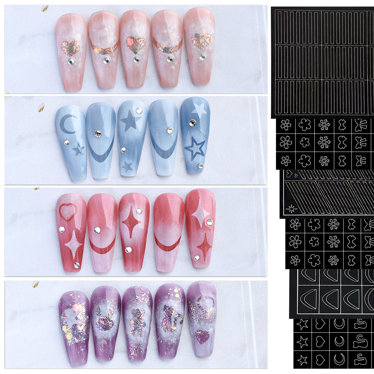 SOLWINK 6 Sheets Reusable Stencils Nail Stickers for Nail Art Butterfly Flower Snowflake Star Moon File Cat Rabbit Bear French Tips Nail Airbrush Templates Kit Manicure Decorations DIY Stencils Tools