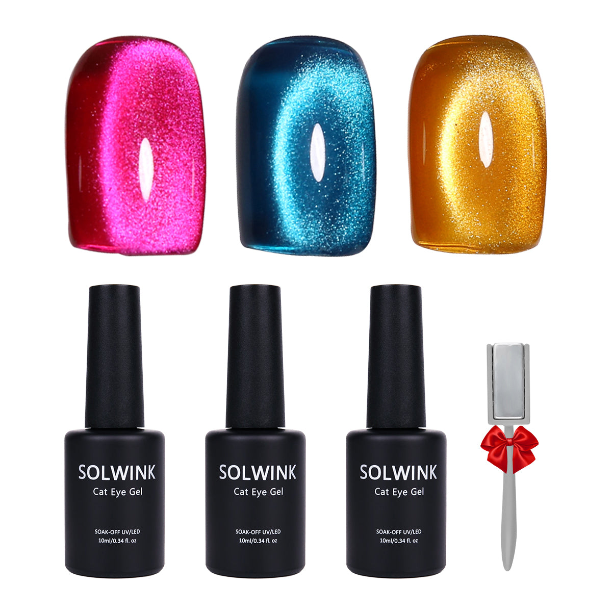 SOLWINK Water Light Soft Mist Effect Gem Color Cat Eye Gel Nail Polish Set Glitter Soak Off UV LED Magic Gel Safe for Natural Nails Extension Nail Tips Toes Magnet Newbie Tech Nail Art Get Compliments 10ML 3 Colors Blue Gold Pink