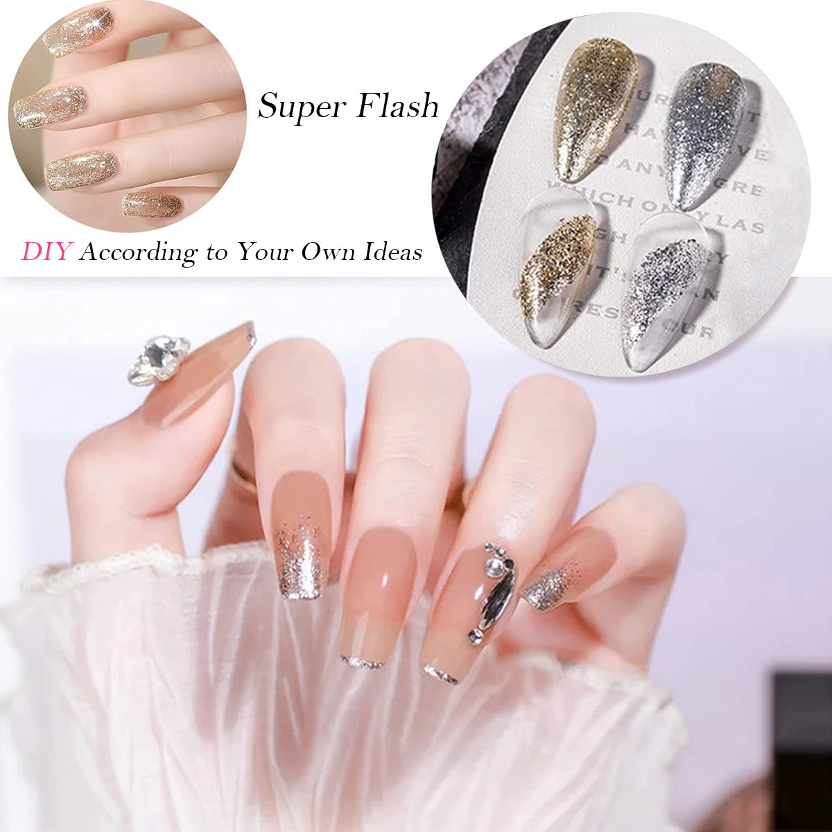 SOLWINK Platinum Glitter Gel Nail Polish Kit Silver Champaign Gold Gel Painted Metal Drawing Gel Polish Set Liner Sparkling Soak Off Gel for DIY Painting Nail Art Gel