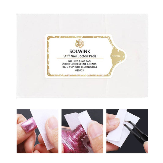 SOLWINK Stiff Nail Cotton Pads - 630pcs Lint-Free & No Sag - Zero Fluorescent Agents - Rigid Support Technology for Polish Manicure - Easy Use Cleanser