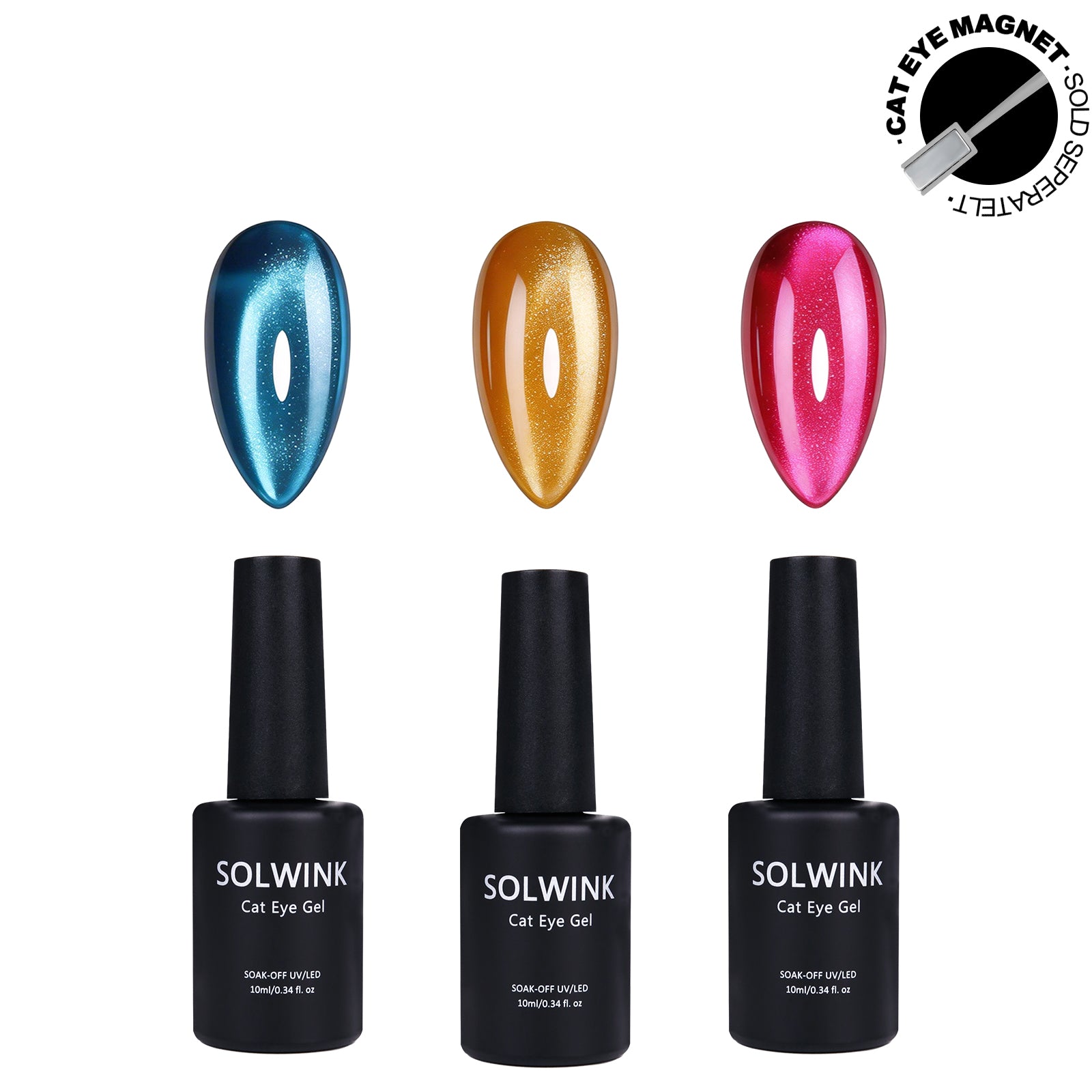 SOLWINK Gem Cat Eye Gel Polish Set HEMA & TPO Free UV/LED Soak Off 10ml 3 Colors-Blue Gold Pink