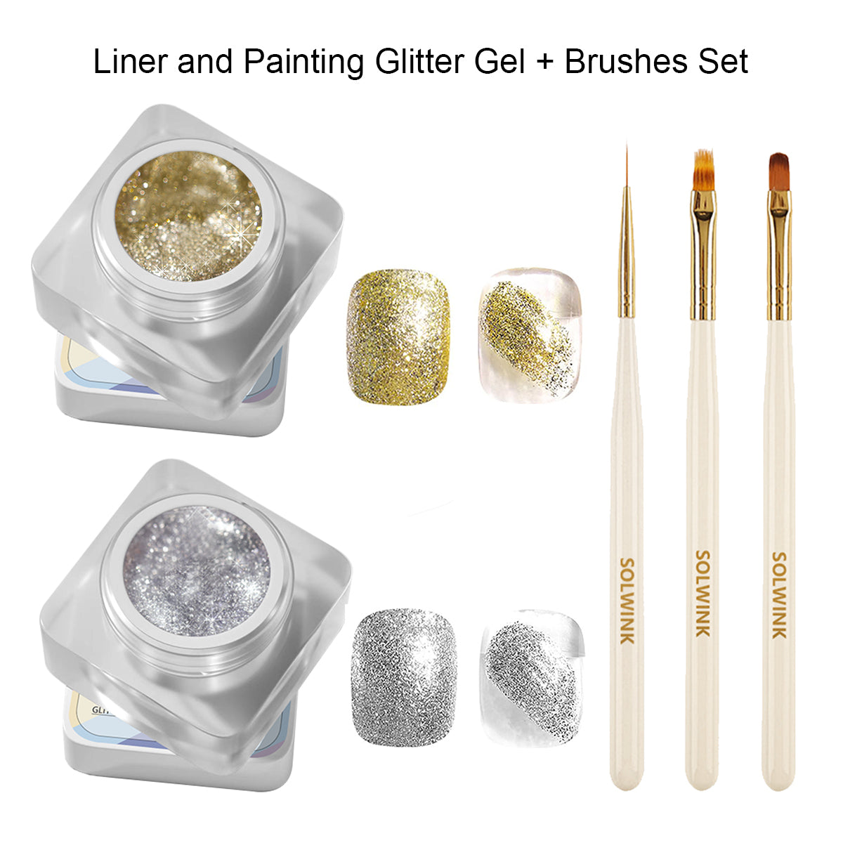 SOLWINK Platinum Glitter Gel Nail Polish Kit Silver Champaign Gold Gel Painted Metal Drawing Gel Polish Set Liner Sparkling Soak Off Gel for DIY Painting Nail Art Gel