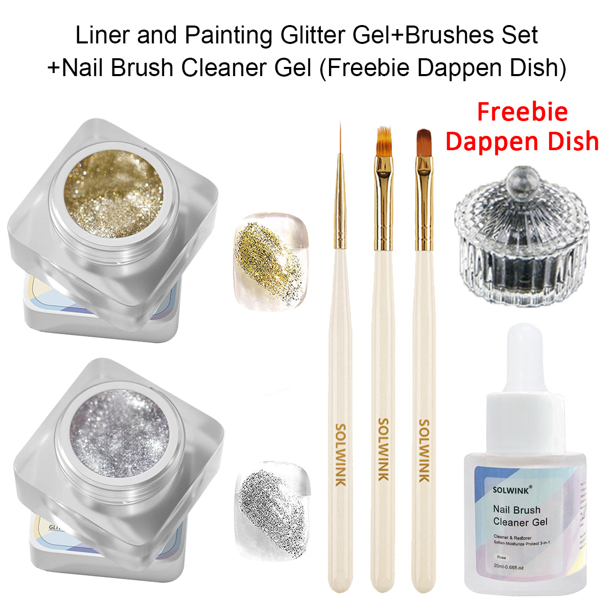SOLWINK Platinum Glitter Gel Nail Polish Kit Silver Champaign Gold Gel Painted Metal Drawing Gel Polish Set Liner Sparkling Soak Off Gel for DIY Painting Nail Art Gel