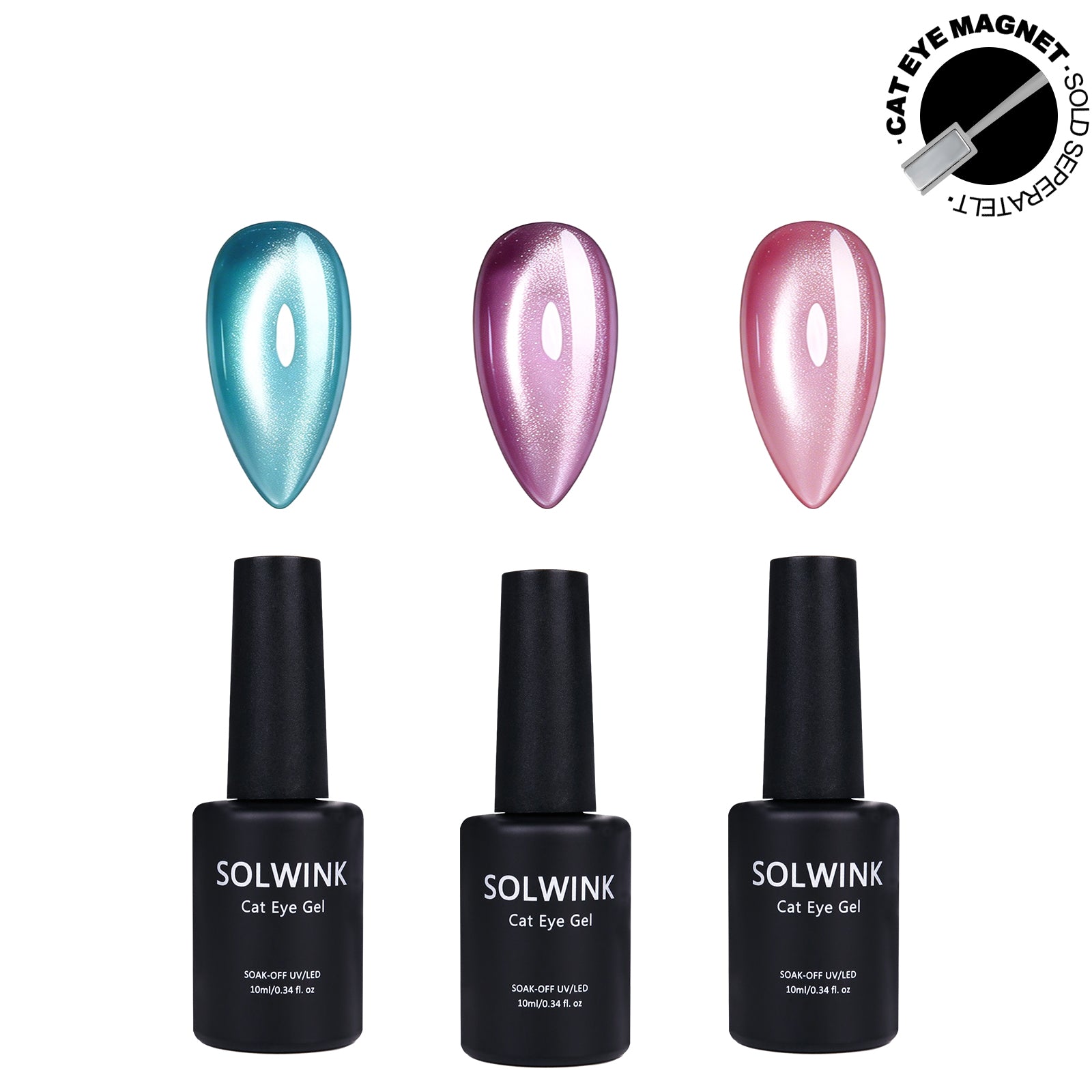 SOLWINK Baby Cat Eye Gel Polish Set UV/LED Soak Off 10ml 3 Colors-Pink Green Purple