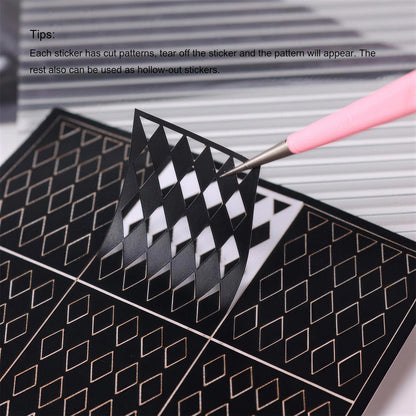 SOLWINK 6 Sheets Hollowing-out Airbrush Nail Art Stencil Sticker Decals 3D Self-Adhesive Leopard Pattern Chessboard Line Zebra Scale - SOLWINK