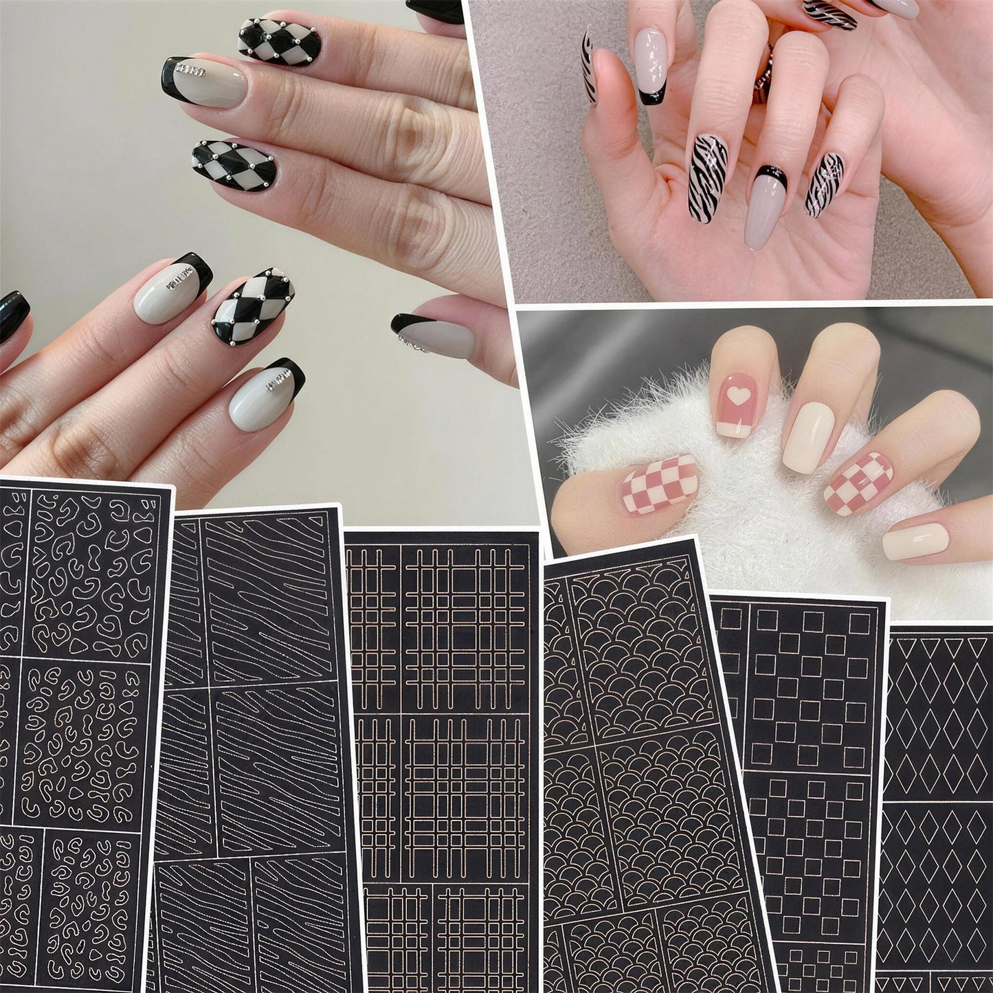 SOLWINK 6 Sheets Hollowing-out Airbrush Nail Art Stencil Sticker Decals 3D Self-Adhesive Leopard Pattern Chessboard Line Zebra Scale - SOLWINK