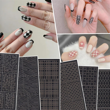 SOLWINK 6 Sheets Hollowing-out Airbrush Nail Art Stencil Sticker Decals 3D Self-Adhesive Leopard Pattern Chessboard Line Zebra Scale - SOLWINK