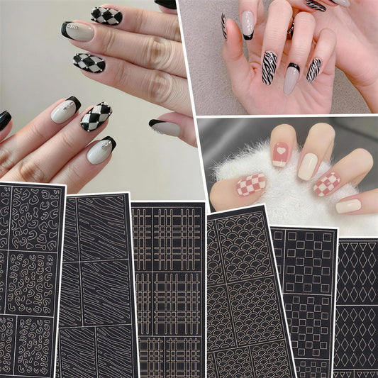 SOLWINK 6 Sheets Hollowing-out Airbrush Nail Art Stencil Sticker Decals 3D Self-Adhesive Leopard Pattern Chessboard Line Zebra Scale - SOLWINK