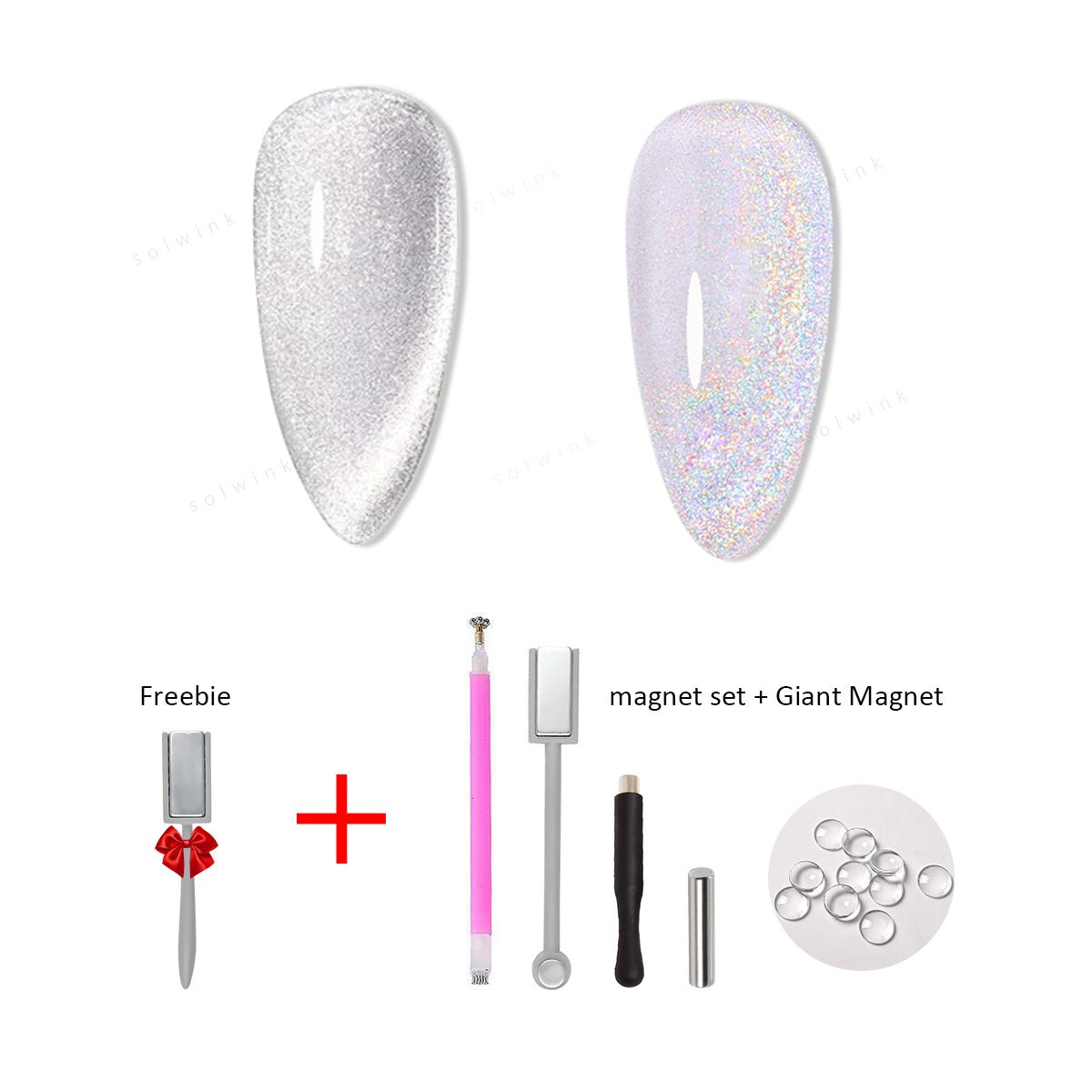 SOLWINK Silver & Rainbow Cat Eye Gel Polish Set - Magnet Kit - SOLWINK